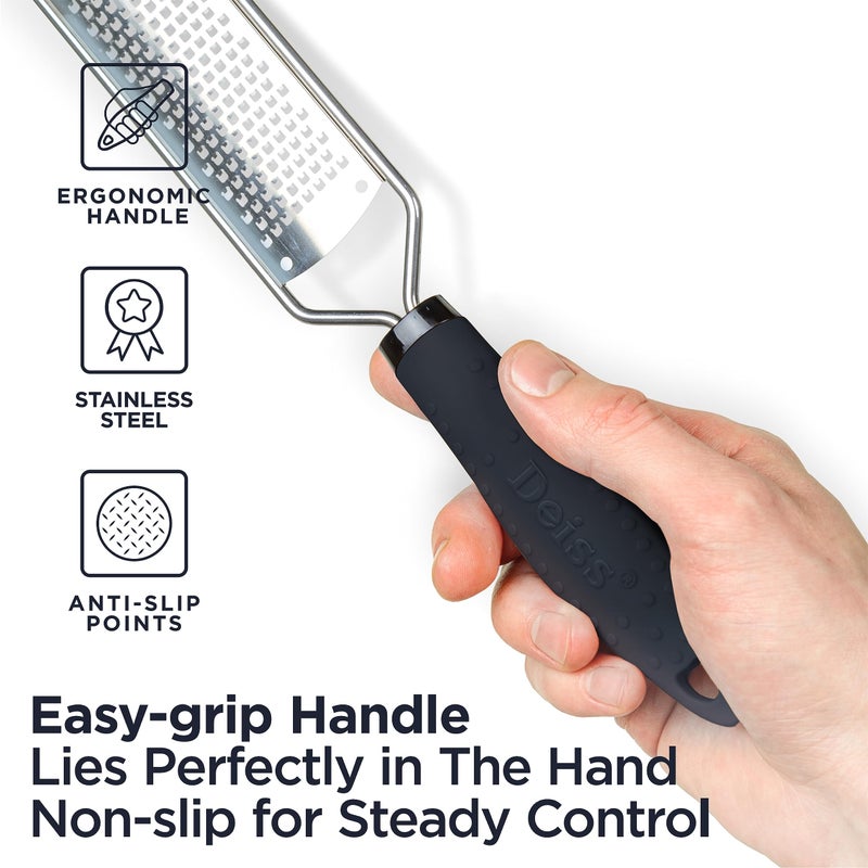 Deiss PRO Lemon Zester & Heavy Duty Cheese Grater & Vegetable Grater - Parmesan Cheese  Lemon  Garlic  Nutmeg  Chocolate  Fruits  Vegetables  Ginger Grater - Stainless Steel Cheese Shredder - Black - Image 2